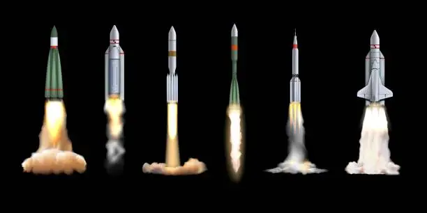 Vector illustration of Rocket launch. Spaceship start. Realistic cosmic ship engine. Shuttle smoke jet. Spacecraft in universe. Rocketship flight. Galaxe exploration. Vector 3D space vehicles illustration set