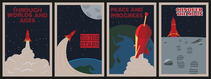Retro space poster. Vintage rocket flight. Soviet art. USSR propaganda. Moon conquer. Planet and galaxy exploration. Spaceship launch trace. Cosmos discovery banners set. Vector illustration design
