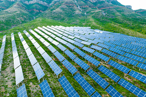 Aerial view of Solar power station farm