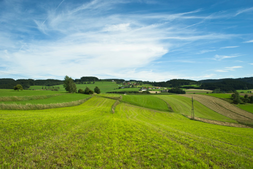 Wide angle capture of Austrian landscape. Wonderful green meadow, deep blue sky and soft clouds.