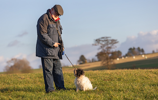 Pensioner train his dog on a walk in the nature