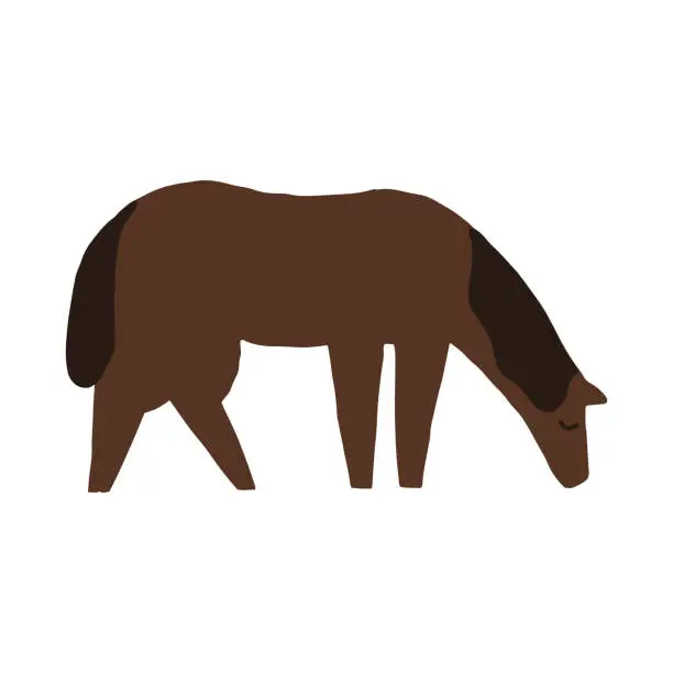 Vector illustration of Cute minimalistic out-grazing horse vector illustration. Farm animals. Hand-drawn brown horse with head down.