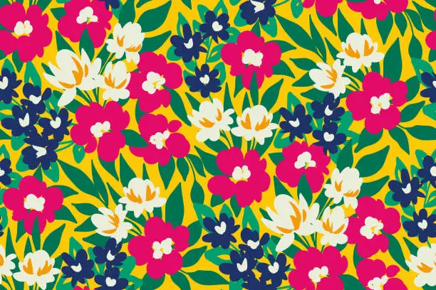 Vector illustration of Seamless floral pattern, summer flower print with bright wild plants on a yellow background. Vector illustration.