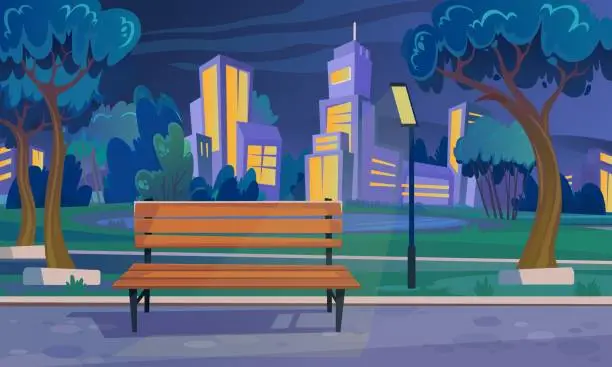 Vector illustration of An empty bench on a summer night in a park with a lake and a city view
