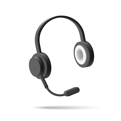 Call center equipment. 3D headphones with a microphone. Black. Hotline, support and assistance in solving problems. Vector illustration on a white background. EPS 10