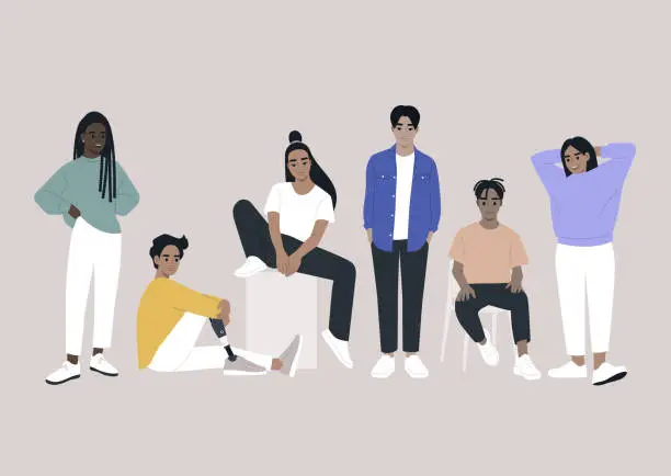 Vector illustration of A group of young diverse characters gathered together, casual attire and candid poses