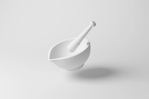 White mortar and pestle floating on white background creating a monochromatic style. Illustration of the concept of minimalism and cooking