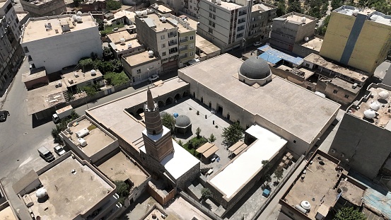 Şırnak, Turkey - June 29, 2022: Cizre Grand Mosque was converted from a church to a mosque in 639. A photo of the mosque taken with a drone.