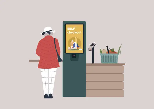 Vector illustration of A self service checkout register, a supermarket store operated without managers