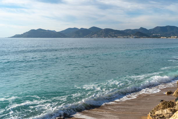 istock Sea Waves on Sandy Beach Texture Background, Transparent Ocean Water, Blue Sky, Sunny Shore 1490985539
