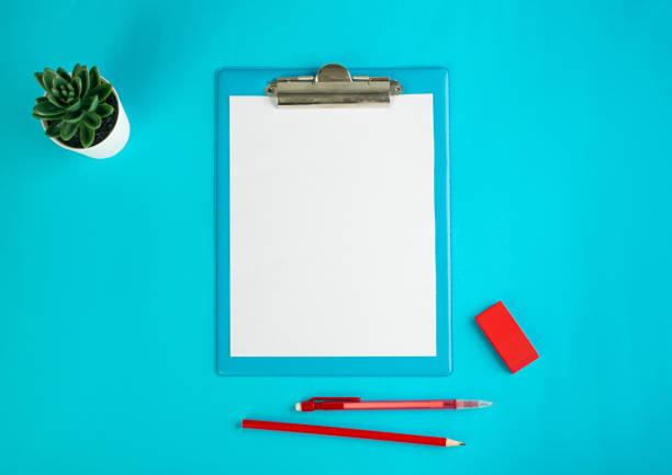 Blank Paper Tablet Top View, Empty White Sheet on Blue Table Flat Lay Mockup, Paper Tablet Texture Background