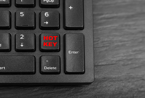 Hot Key on Black Keyboard, Hotkeys Closeup, Macro Shot of Shortcut Keyboard Button, PC Hotkey, Keystroke Photo