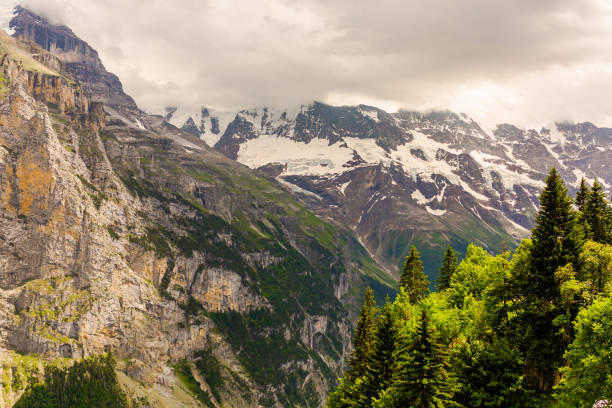 paesaggio montano. lauterbrunnen. svizzera. cantone di berna. villaggio di murren. estate. erba verde - swiss culture chalet brienz european alps foto e immagini stock