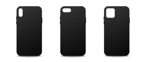 istock Black mobile phone cover vector mockup. Template silicone cases for smartphones. Mobile phone accessories with shadow 1490987710