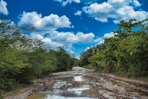 In Holguin Province, a glimpse of a badly damaged rural dirt road with its large water holes and mud due to heavy rain showers.