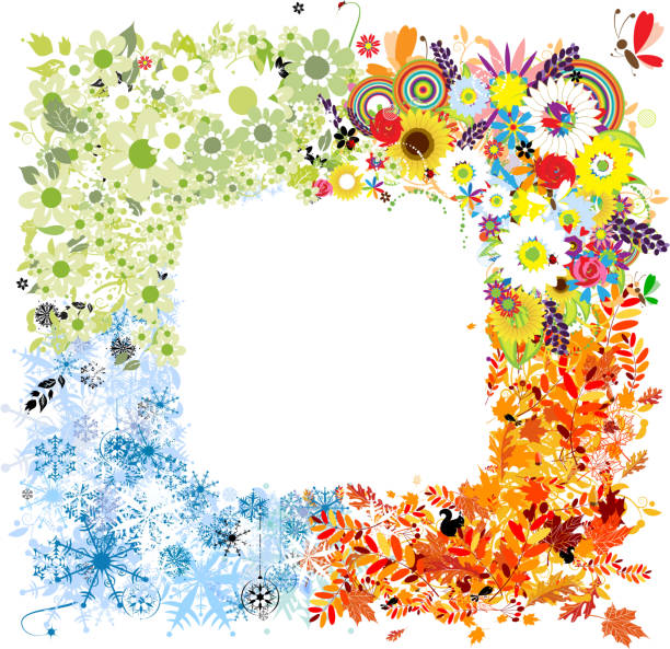 Four seasons - spring, summer, autumn, winter frame vector art illustration