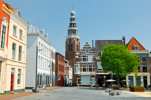 Town square in the newly designed city center of Vlissingen. St James church (Sint Jakobs Kerk) in the middle.