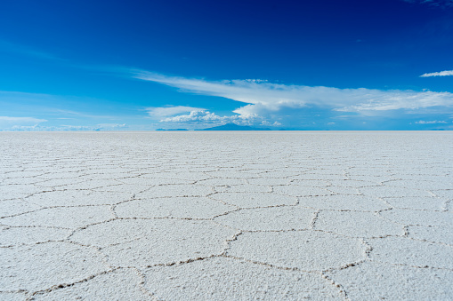 Uyuni Salt Flats on Sunny Day. Salar De Uyuni. Altiplano, Bolivia. Dry Season. Hexagonal Salt Formations and Crack Patterns