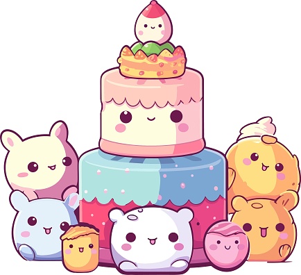 cute  kawaii style, vector clipart , kawaii birthday sticker on a white background, cake in kawaii style, colorful , cartoon , white background