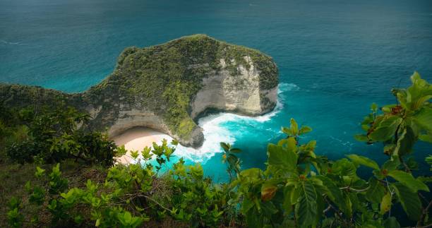 istock Top down view of tropical beach and rolling turquoise ocean waves on sandy shore. Paradise summer holidays. Kelingking, Nusa Penida Island, Bali, Indonesia. 1490993779
