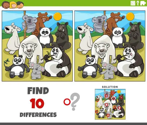 Vector illustration of differences game with comic bears animal characters group