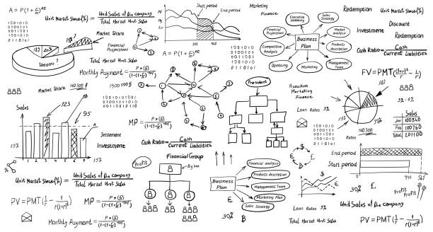 Hand drawn dark financial education formula background Hand drawn dark financial education math formula background accounting drawings stock illustrations