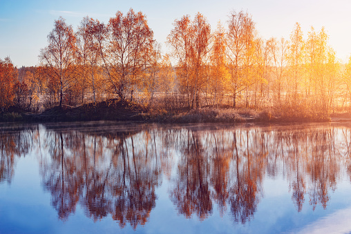 Fog above the lake at cold autumn morning.