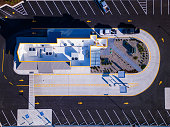 above view of fast food restaurants with drive-through