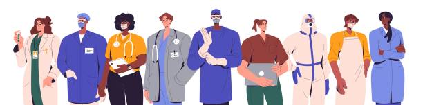 Doctors, nurses, health workers team in row. Medical staff group of different specialty, therapist, paramedic, physician, practitioner. Flat graphic vector illustration isolated on white background Doctors, nurses, health workers team in row. Medical staff group of different specialty, therapist, paramedic, physician, practitioner. Flat graphic vector illustration isolated on white background. pharmacist cartoon stock illustrations