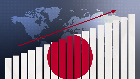 Japan flag on bar chart concept with increasing values, economic recovery and business improving after crisis and other catastrophe as economy and businesses reopen again