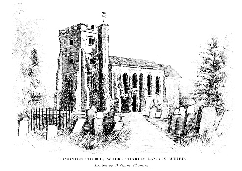 Edmonton  Church graveyard in England, where Charles Lamb is buried. Charles Lamb (February 10, 1775 –December 27, 1834) was an English essayist, poet. He co-wrote children’s books with his sister Mary Lamb. Illustration published 1897. Original edition is in my private collection. Copyright is in public domain.