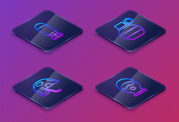 istock Set Isometric line Aviation bomb, Military helmet, Hand grenade and Balaclava. Blue square button. Vector 1491007595
