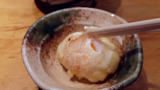 Half Boiled Egg Yolk Tempura Simple Japanese Zen Style Deep Fried Food Eating Chopsticks