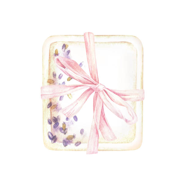 illustrazioni stock, clip art, cartoni animati e icone di tendenza di illustrazione ad acquerello. sapone con fiori di lavanda. isolato su sfondo bianco. solida saponetta beige con erbe viola. per la progettazione di libretti spa, biglietti da visita, cartoline di bellezza - white background clean flower bar of soap