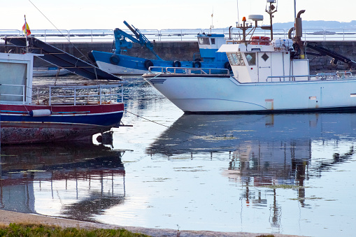 Fishing boats, beach and commercial dock  , Cambados, O Salnés, Pontevedra province, Galicia, Spain.