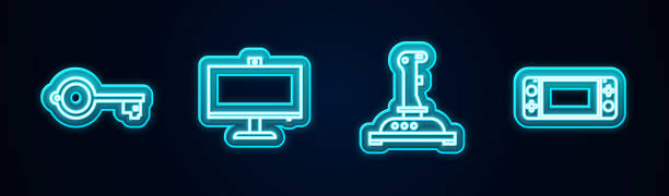 istock Set line Ancient key for game, Computer monitor, Joystick arcade machine and Portable video console. Glowing neon icon. Vector 1491012053