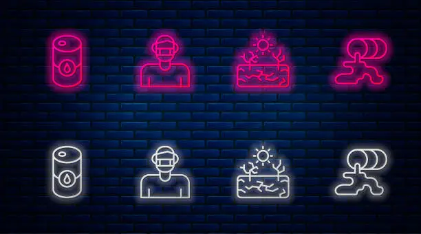 Vector illustration of Set line Face in protective mask, Drought, Barrel oil and leak. Glowing neon icon on brick wall. Vector