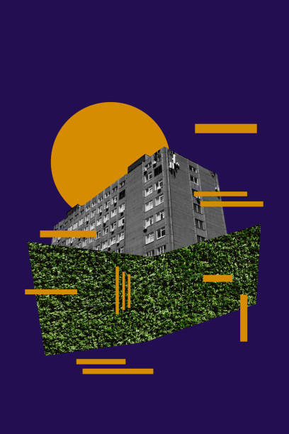 istock Architectural digital collage. Building in the city with sun and grass. 1491012730