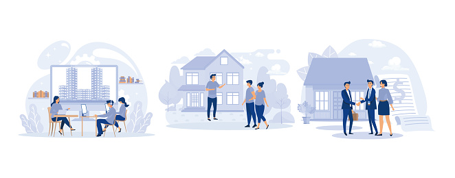 Real estate broker, Couple meeting broker in office, visiting real estate firm, real estate agent showing a house to customers, set flat vector modern illustration