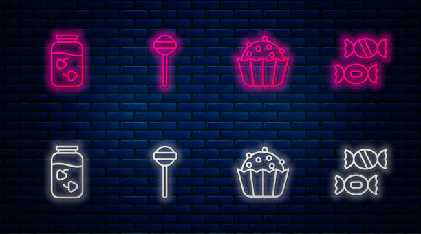 istock Set line Lollipop, Cupcake, Strawberry jam jar and Candy. Glowing neon icon on brick wall. Vector 1491017186