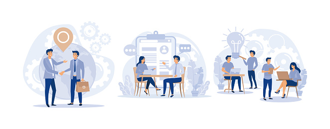 Employment stages, Coworkers business meeting. Expat work, job interview, teamwork, set flat vector modern illustration