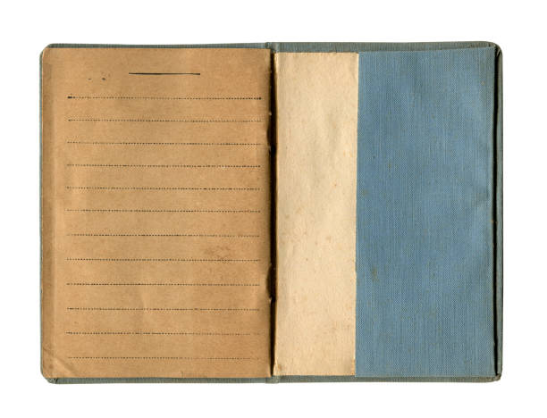 istock small old open notebook with vintage yellow brown lined paper and stained cloth blue cover isolated on white 1491021904