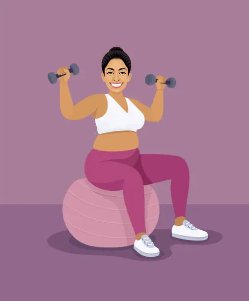 Vector illustration of Fitness fat Indian Woman working out with dumbbells.