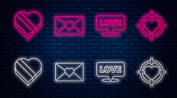 istock Set line Envelope with Valentine heart, Speech bubble with text love, Candy in heart shaped box and Heart in the center of darts target aim. Glowing neon icon on brick wall. Vector 1491030261