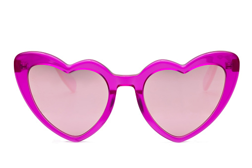 Pink heart shaped sunglasses with heart shape isolated on white background