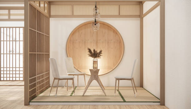 istock Modern japan style tiny room kitchen and dining table white wall wood floor. 1491039590