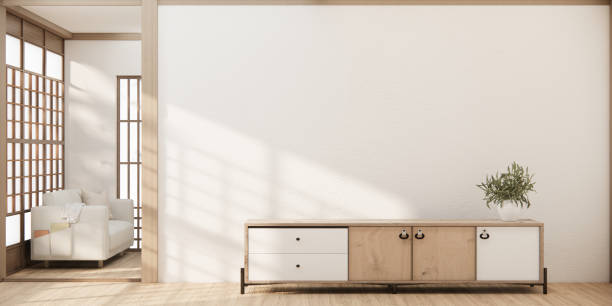 istock Minimal cabinet for tv interior wall mockup. 1491039624