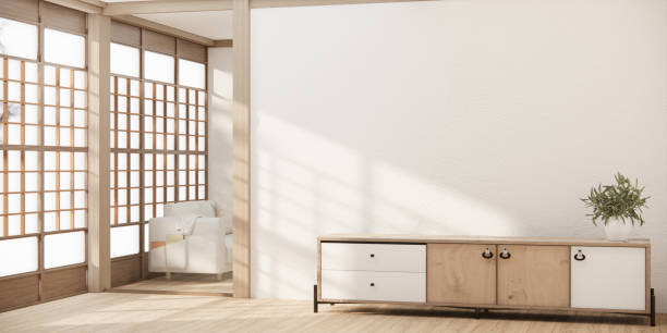 istock Minimal cabinet for tv interior wall mockup. 1491039636