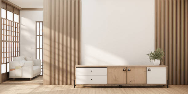 istock Minimal cabinet for tv interior wall mockup. 1491039638