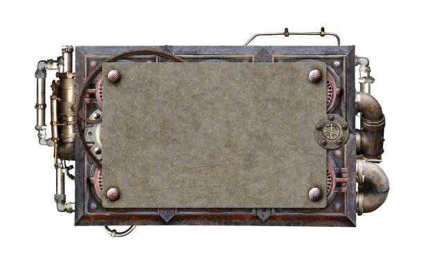 Vintage metallic frame with rivets, pipelines, pipe elbow. Isolated on white background. Copy space for text. Steampunk style decor with pipes. Industrial backdrop with old pipeline